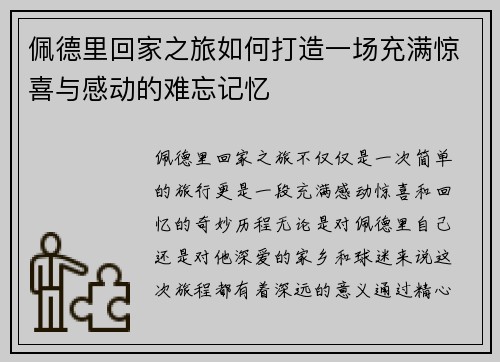 佩德里回家之旅如何打造一场充满惊喜与感动的难忘记忆
