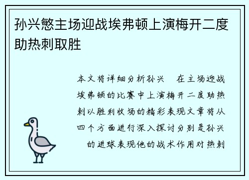 孙兴慜主场迎战埃弗顿上演梅开二度助热刺取胜